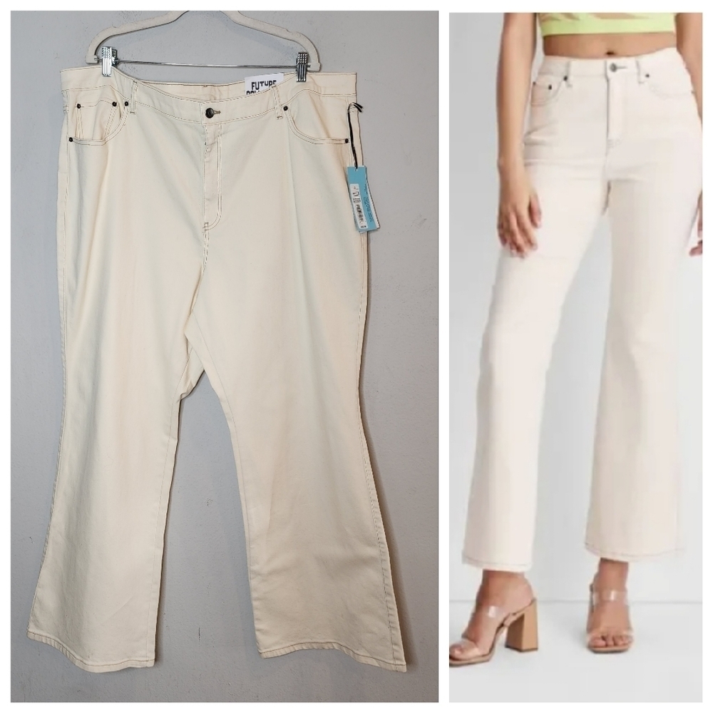 NWT Future Collective Highrise Denim Flare jeans in a cream color. Plus Size 22